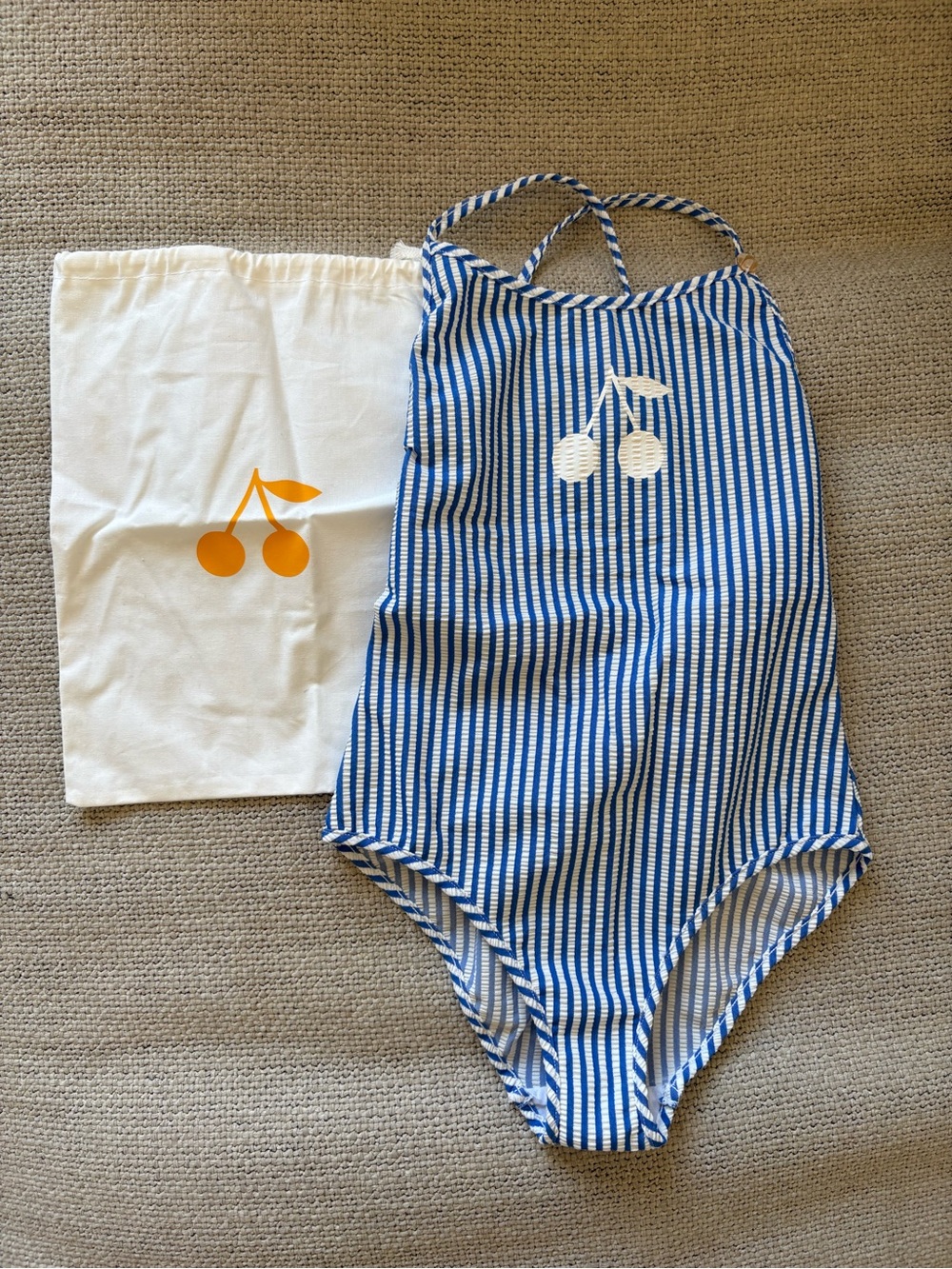 Bonpoint Blue and White Striped One-Piece with Cherry Appliqué